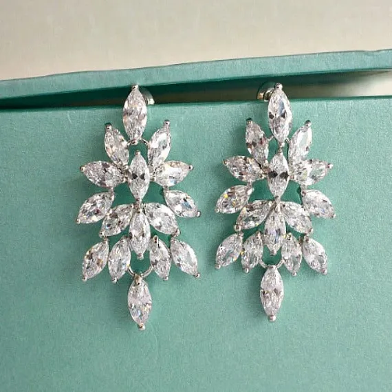 Art Deco Floral Leaves Cubic Zirconia Wedding Jewelry Set, CZ Crystal Bridal Jewelry Set, Wedding Necklace Set, Crystal Necklace Earring Set