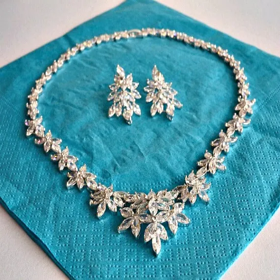 Art Deco Floral Leaves Cubic Zirconia Wedding Jewelry Set, CZ Crystal Bridal Jewelry Set, Wedding Necklace Set, Crystal Necklace Earring Set