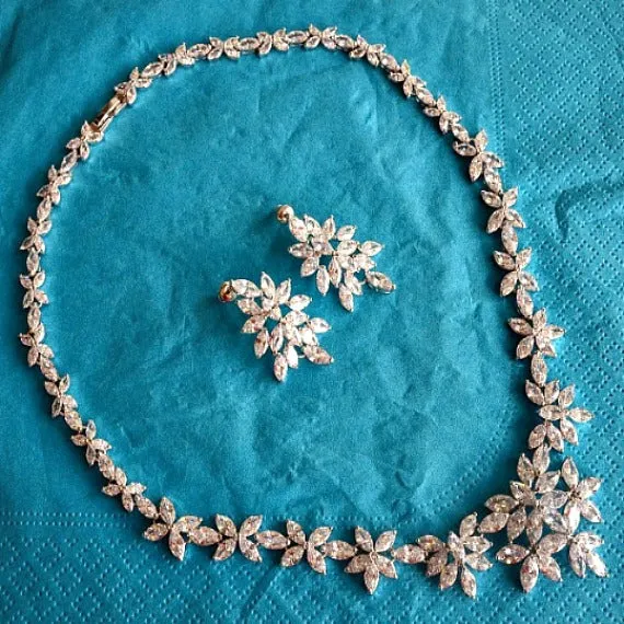 Art Deco Floral Leaves Cubic Zirconia Wedding Jewelry Set, CZ Crystal Bridal Jewelry Set, Wedding Necklace Set, Crystal Necklace Earring Set