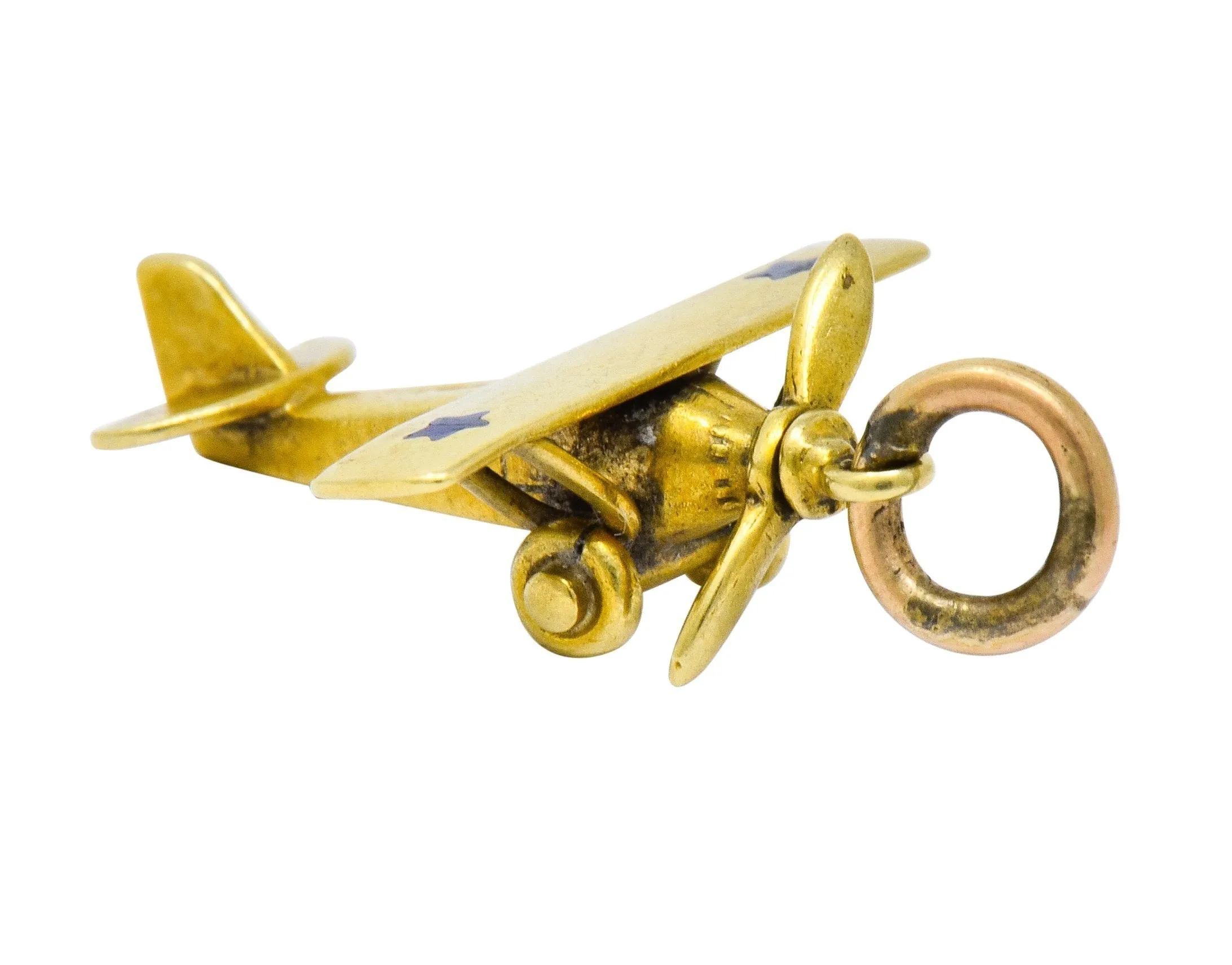 Art Nouveau Enamel 14 Karat Gold Star Propeller Plane Charm