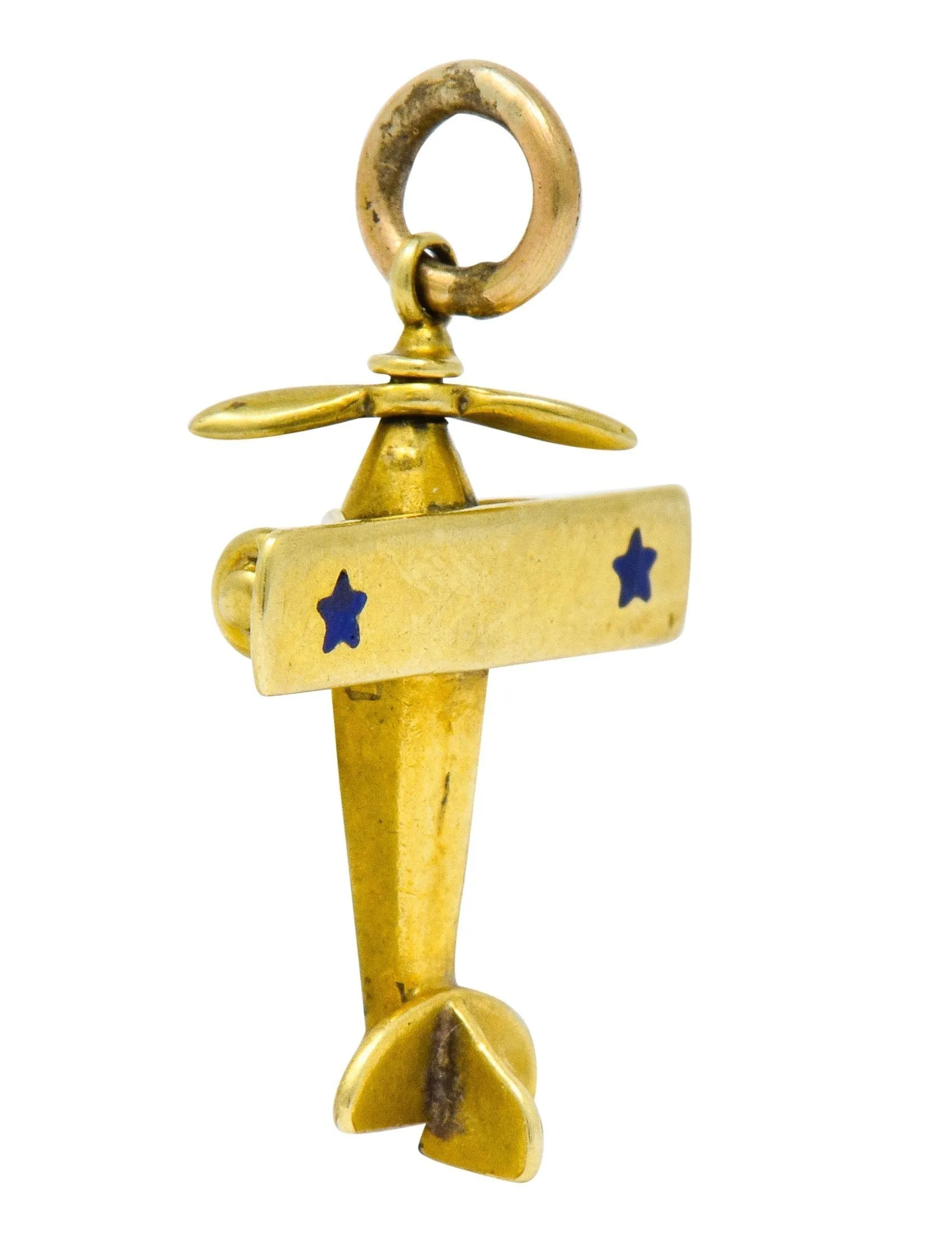 Art Nouveau Enamel 14 Karat Gold Star Propeller Plane Charm