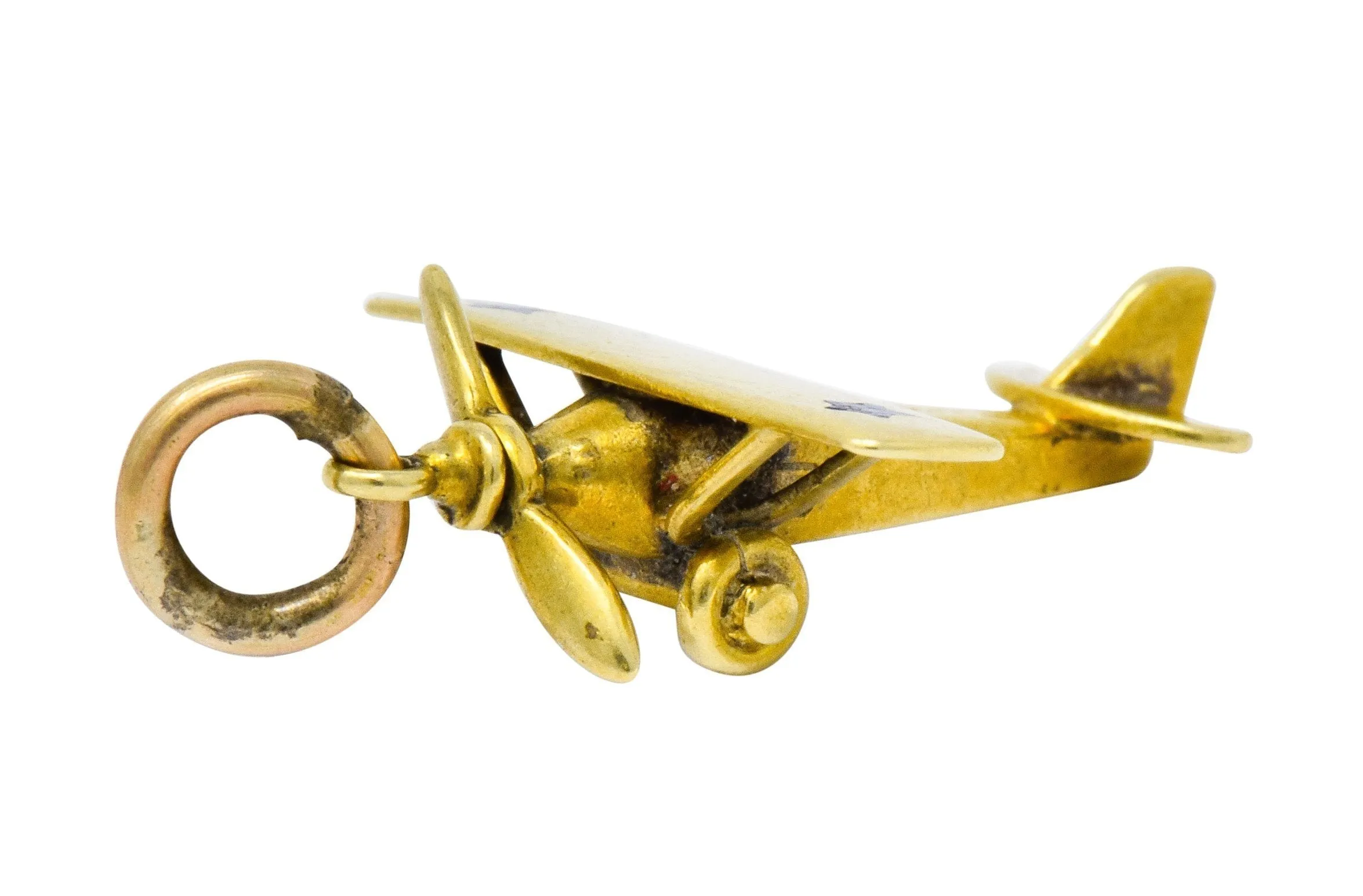 Art Nouveau Enamel 14 Karat Gold Star Propeller Plane Charm