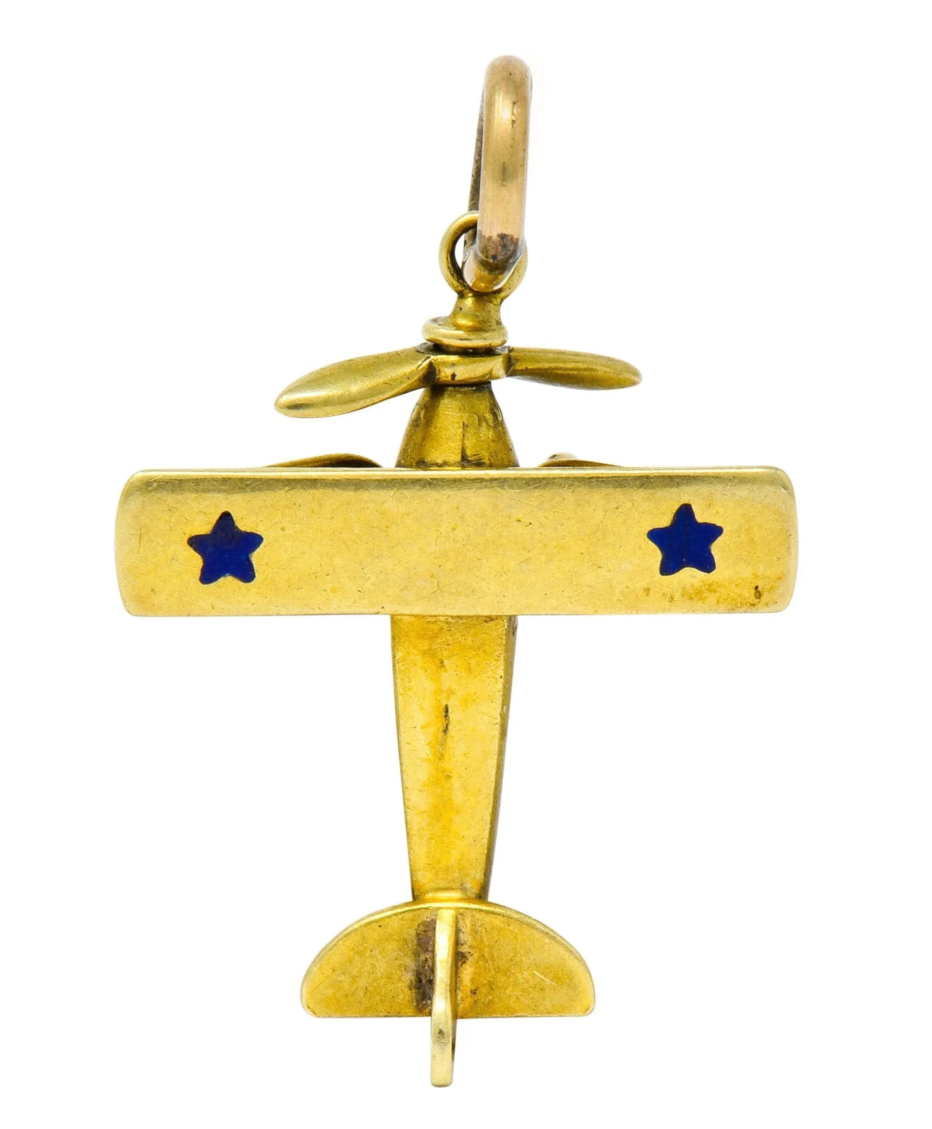 Art Nouveau Enamel 14 Karat Gold Star Propeller Plane Charm