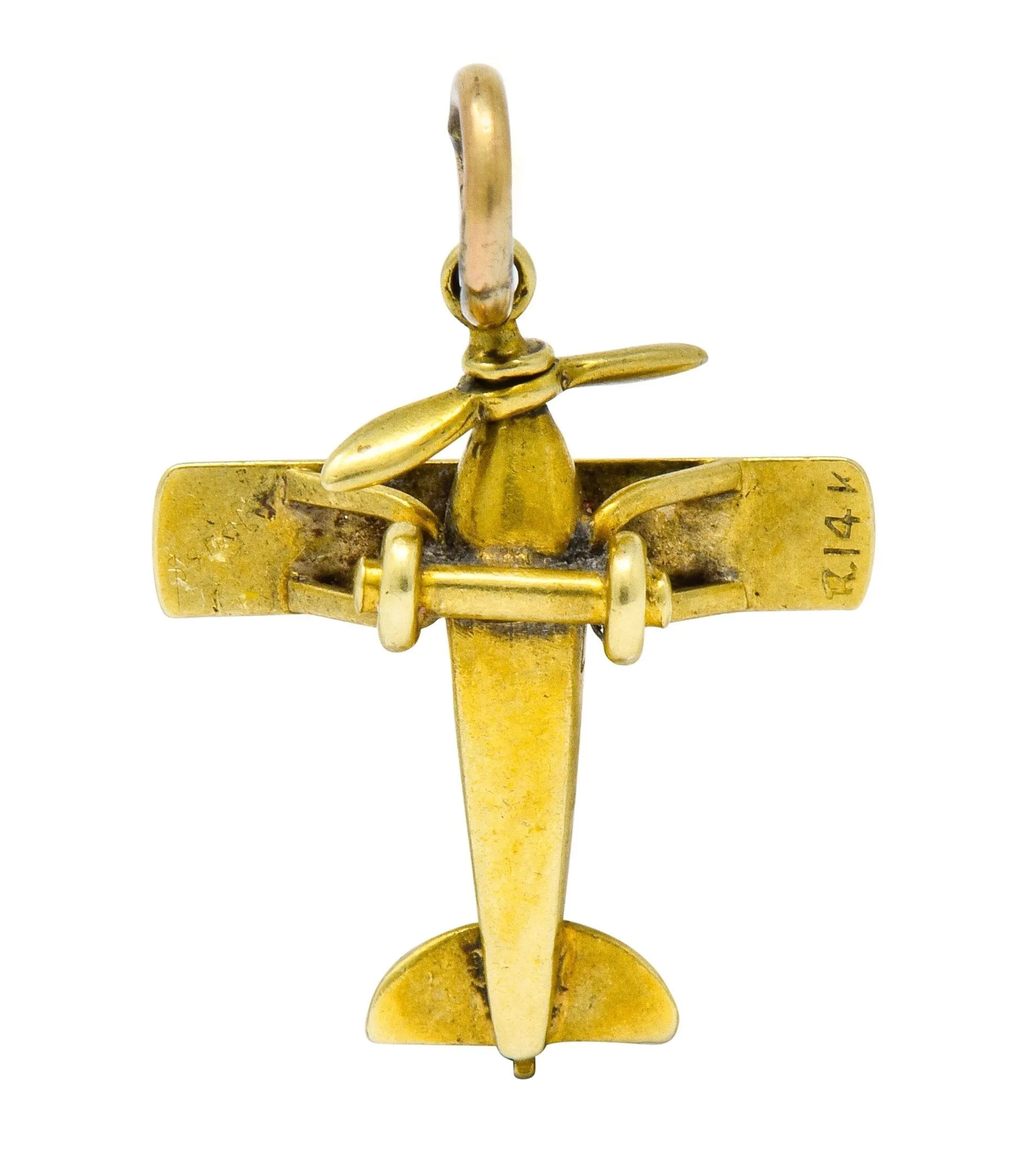 Art Nouveau Enamel 14 Karat Gold Star Propeller Plane Charm