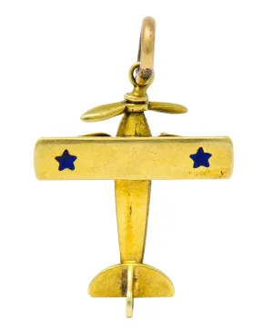 Art Nouveau Enamel 14 Karat Gold Star Propeller Plane Charm