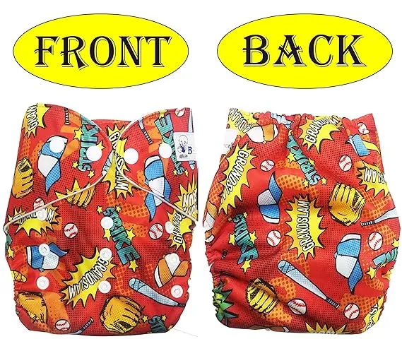 Babymoon 1 Cloth Diaper with 2 5Layers Grey Insert Premium Adjustable Reusable Cloth Diaper | Red Baseball