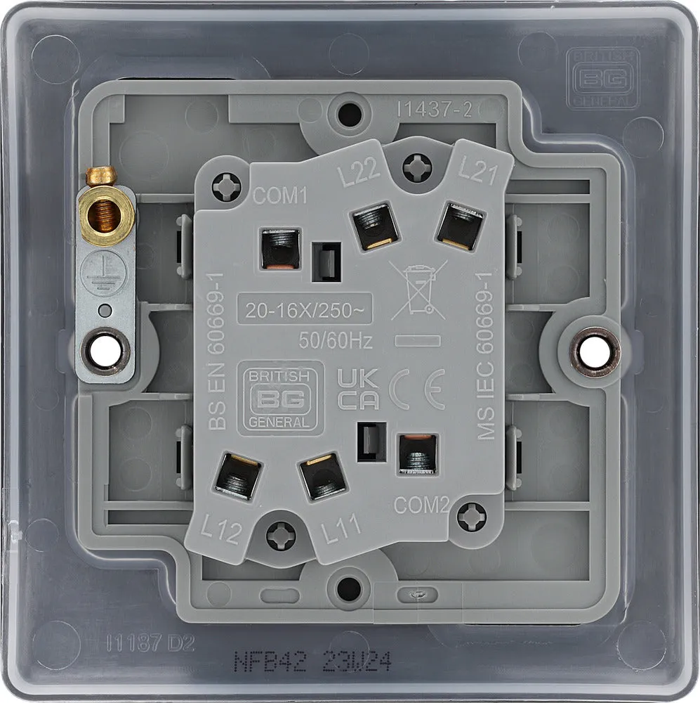 BG NFB42x5 Nexus Metal 20A 16AX 2 Way Double Light Switch - Matt Black   Black Rocker (5 Pack)