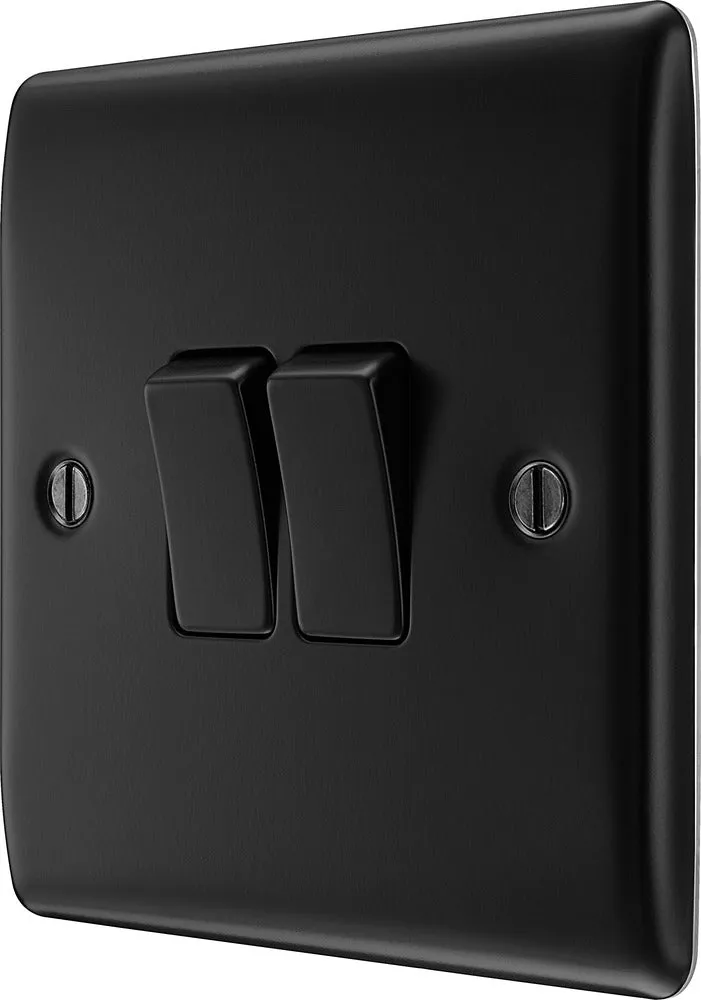BG NFB42x5 Nexus Metal 20A 16AX 2 Way Double Light Switch - Matt Black   Black Rocker (5 Pack)