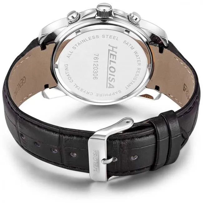 Black Leather with White Dial Chronos Watch  For Men - Heloisa 76120306