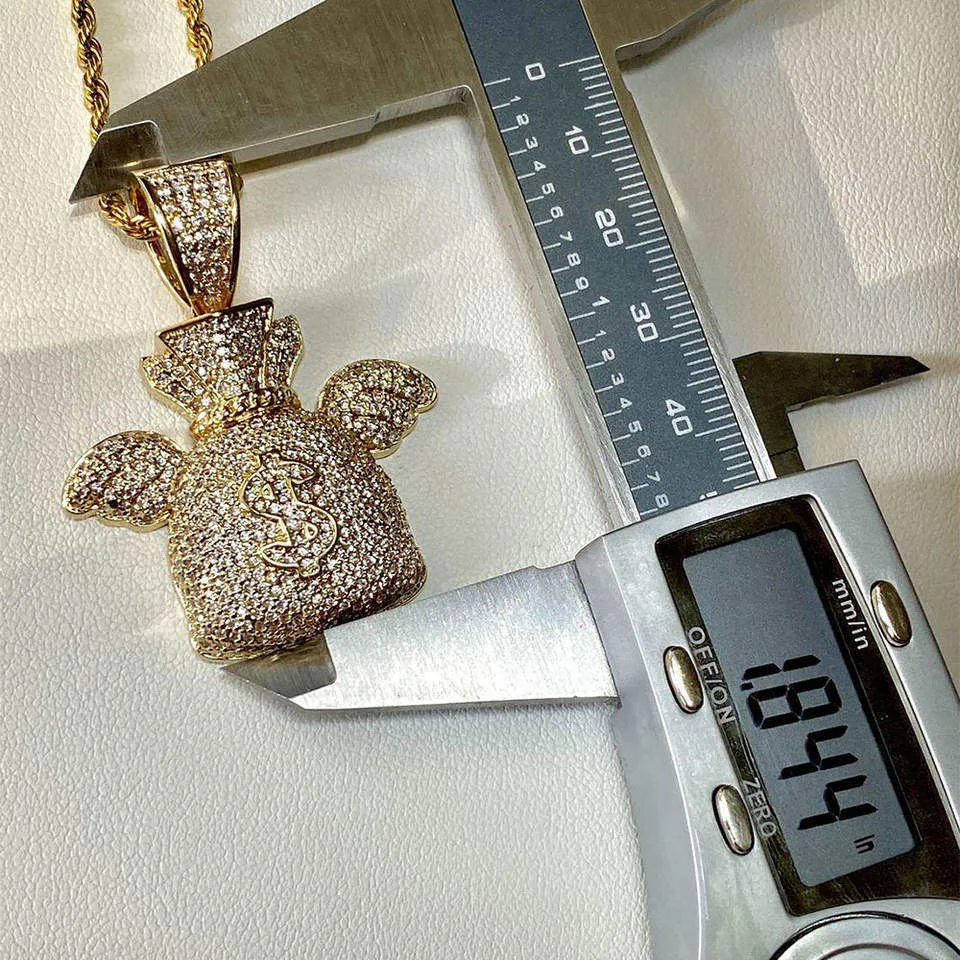 bling bling rapper jewelry full iced out brass wings hiphop gold money bag men pendant necklace
