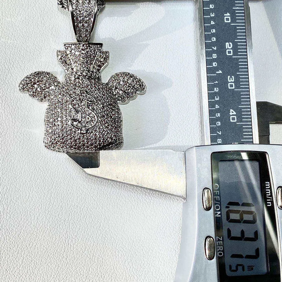 bling bling rapper jewelry full iced out brass wings hiphop gold money bag men pendant necklace