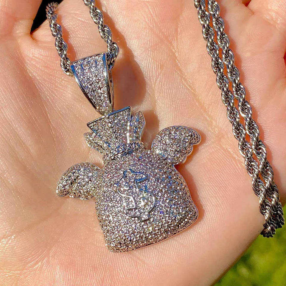 bling bling rapper jewelry full iced out brass wings hiphop gold money bag men pendant necklace