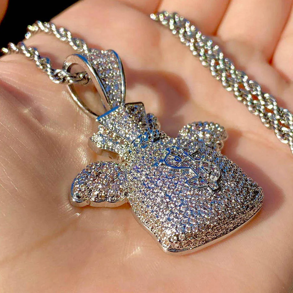 bling bling rapper jewelry full iced out brass wings hiphop gold money bag men pendant necklace