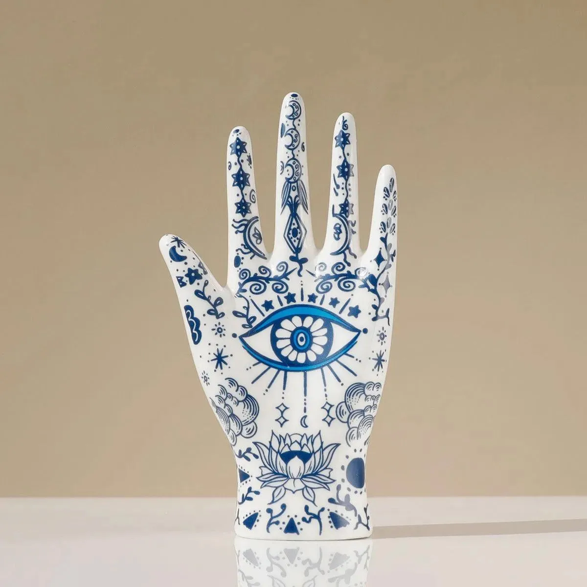 Blue Floral Evil Eye Porcelain Jewelry Holder Stand