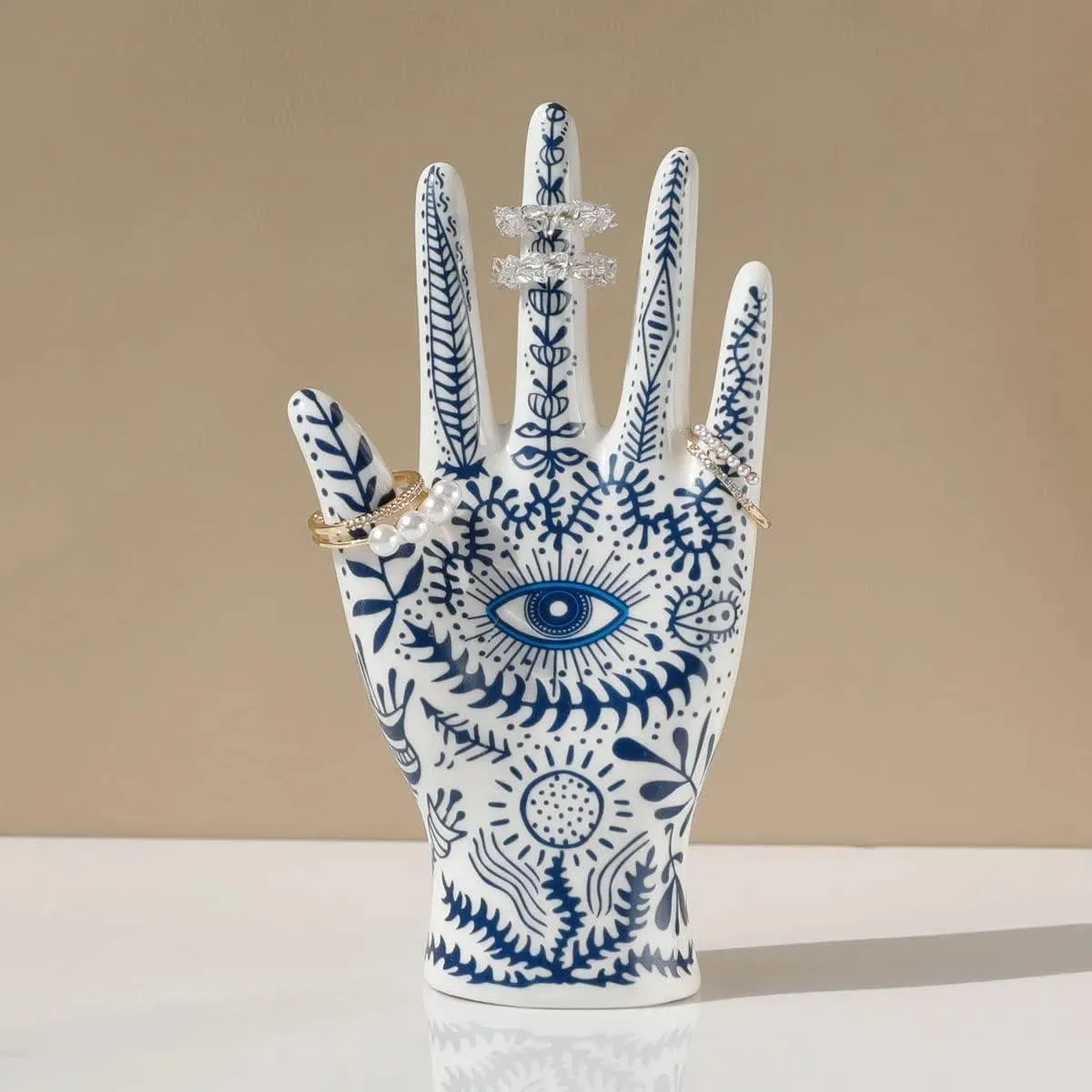 Blue Floral Evil Eye Porcelain Jewelry Holder Stand