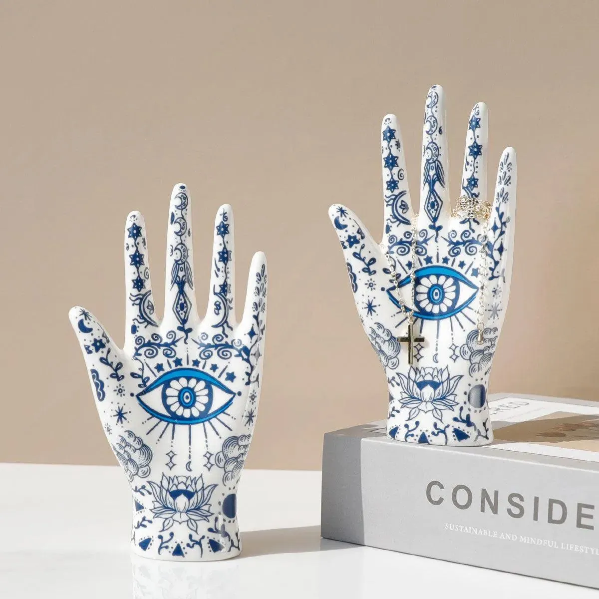 Blue Floral Evil Eye Porcelain Jewelry Holder Stand