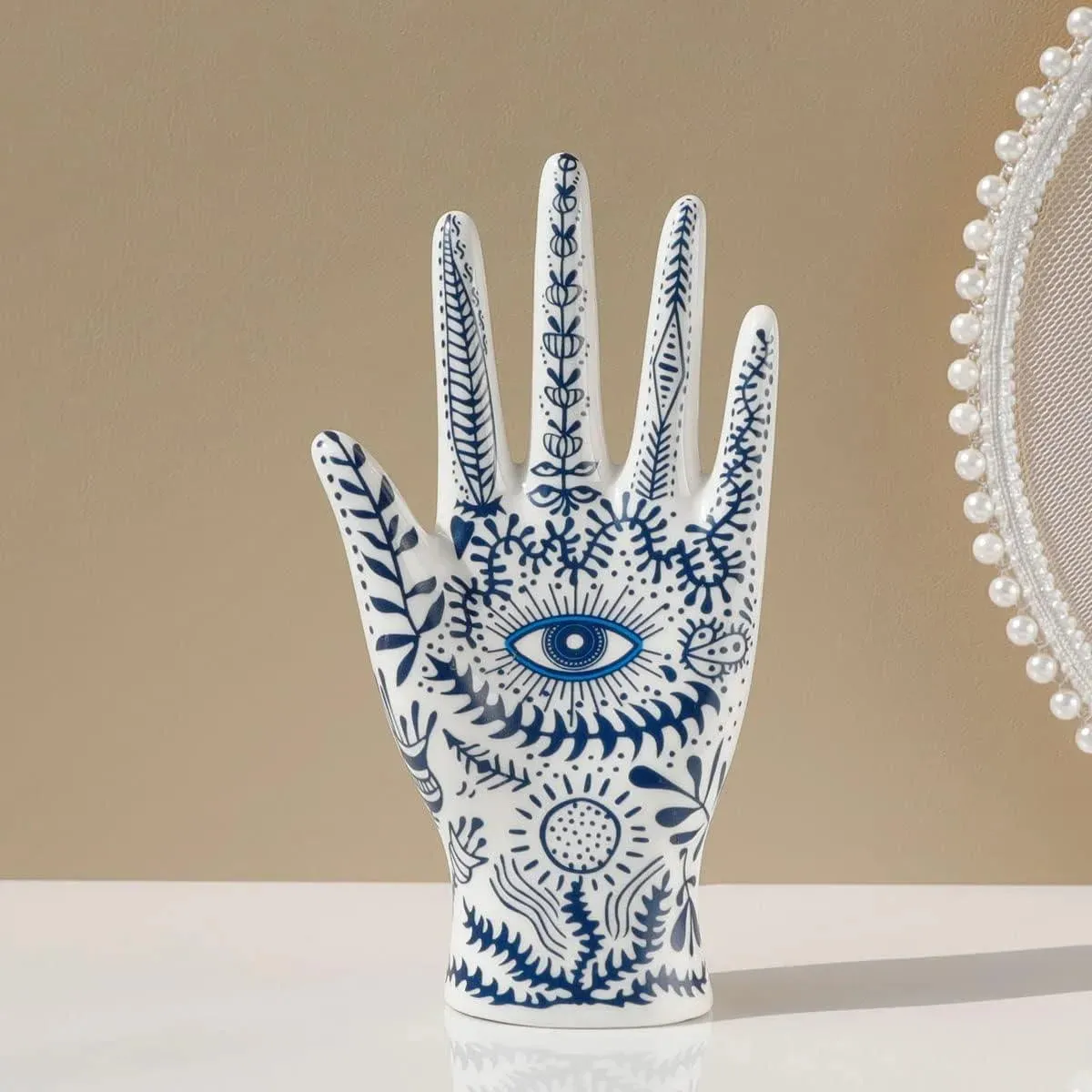 Blue Floral Evil Eye Porcelain Jewelry Holder Stand