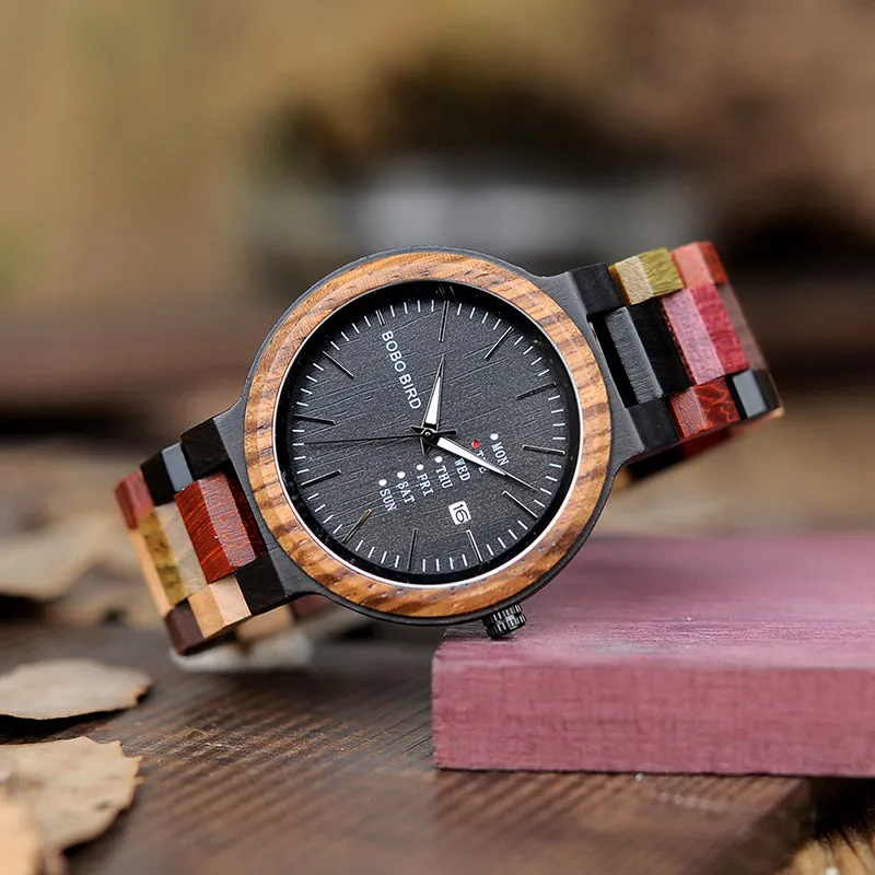 BOBO BIRD Luxury Designer Auto Date Colors Wooden Watches for Men Handmade Quartz Wrist Wristwatches relogio masculino C-P14- 1