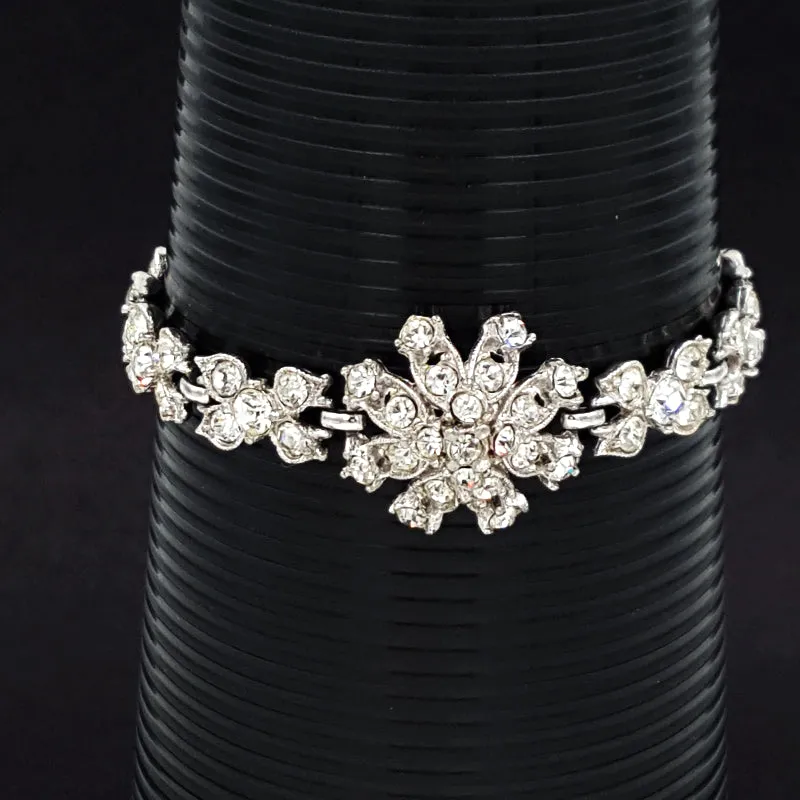 Bogoff Vintage Rhinestone Bracelet with Floral Design, Bridal Quality