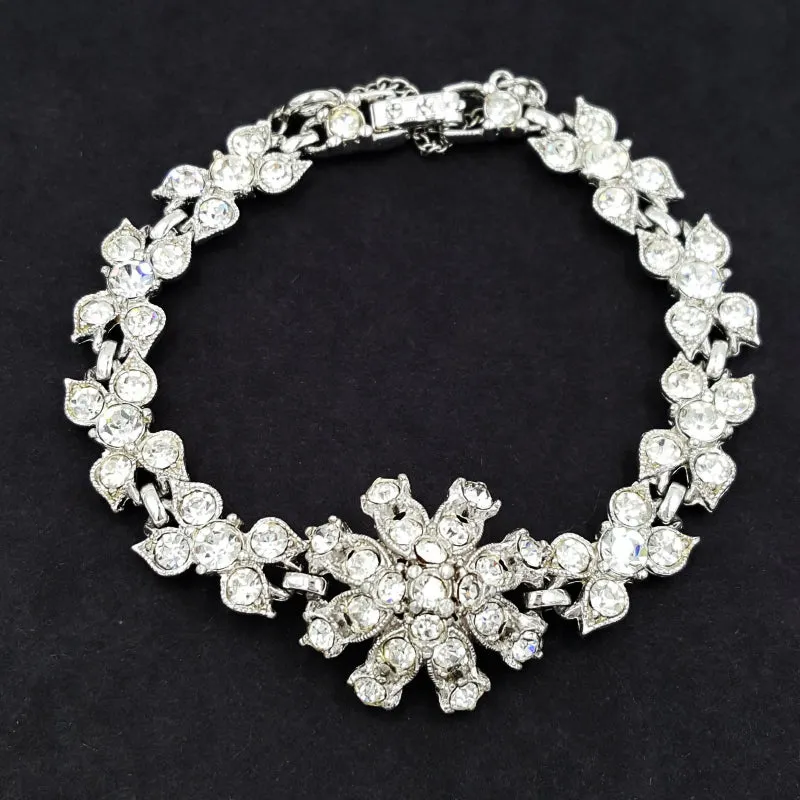 Bogoff Vintage Rhinestone Bracelet with Floral Design, Bridal Quality