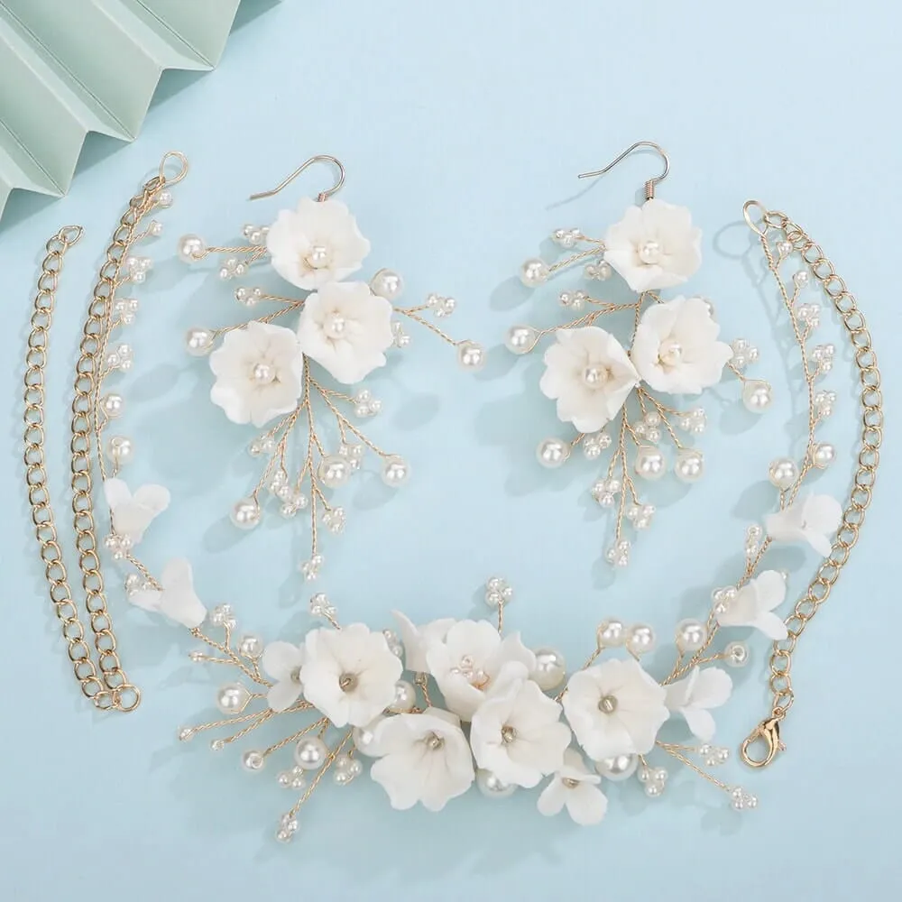 Bouquet Bridal Ceramic Floral Necklace Set, White Clay Flowers and Pearls Necklace and Earrings 3 Piece Set