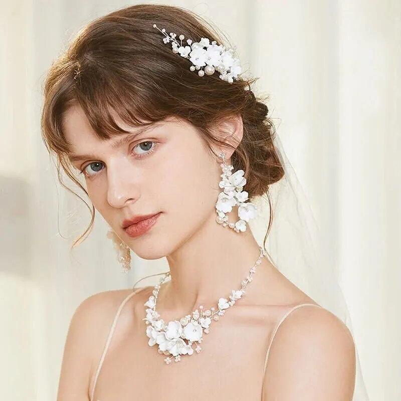 Bouquet Bridal Ceramic Floral Necklace Set, White Clay Flowers and Pearls Necklace and Earrings 3 Piece Set