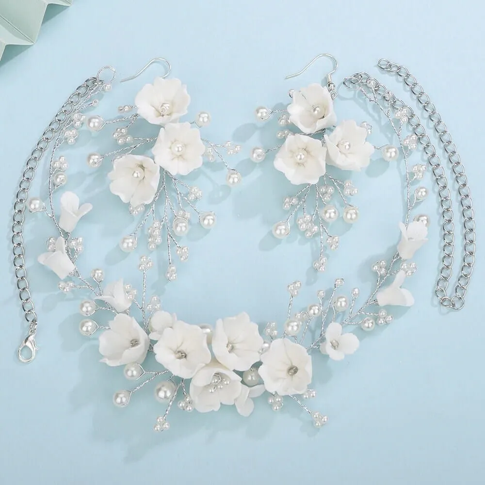 Bouquet Bridal Ceramic Floral Necklace Set, White Clay Flowers and Pearls Necklace and Earrings 3 Piece Set