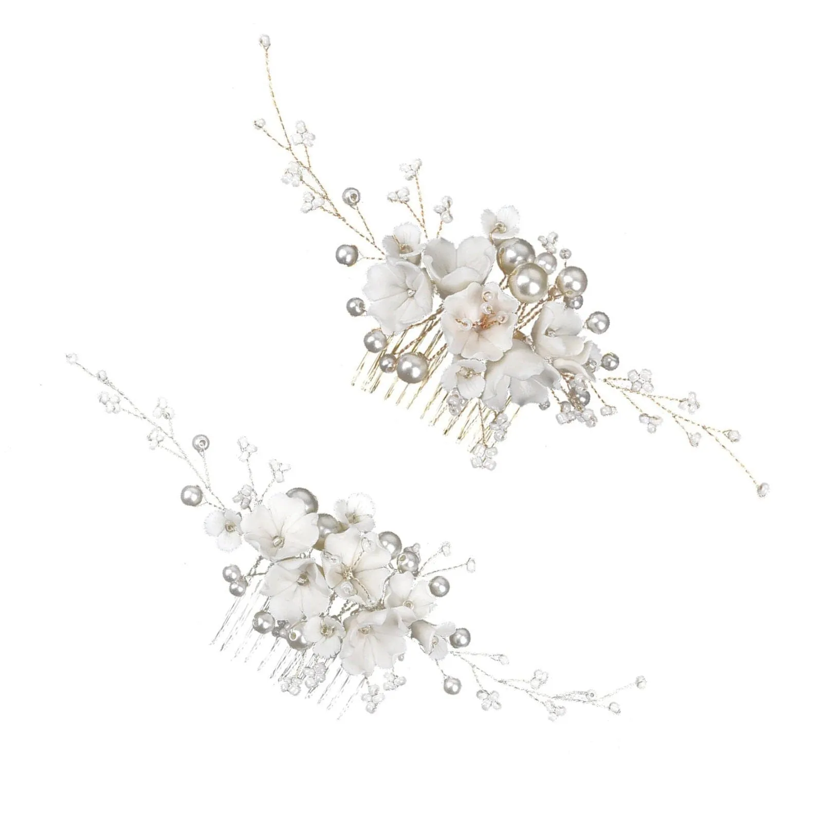 Bouquet Bridal Ceramic Floral Necklace Set, White Clay Flowers and Pearls Necklace and Earrings 3 Piece Set