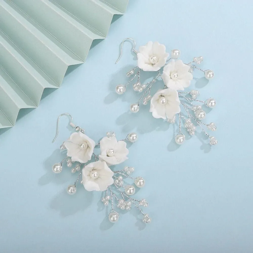 Bouquet Bridal Ceramic Floral Necklace Set, White Clay Flowers and Pearls Necklace and Earrings 3 Piece Set
