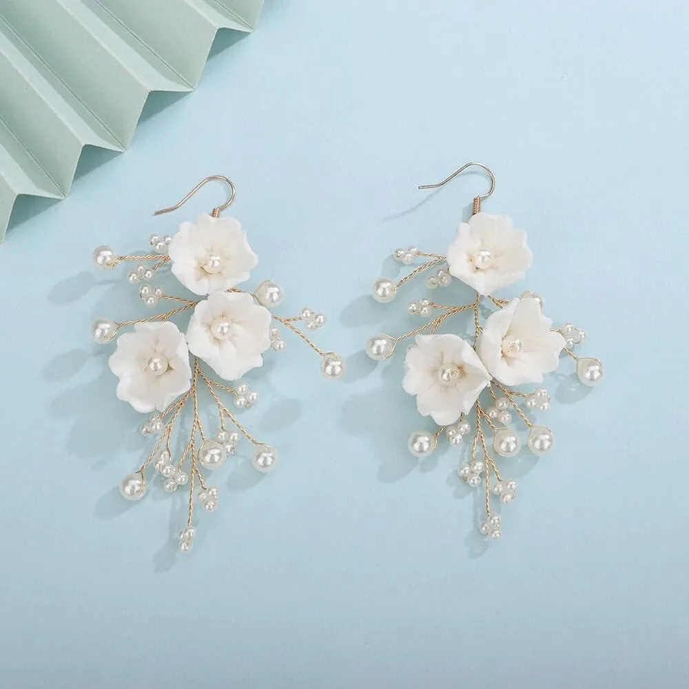 Bouquet Bridal Ceramic Floral Necklace Set, White Clay Flowers and Pearls Necklace and Earrings 3 Piece Set