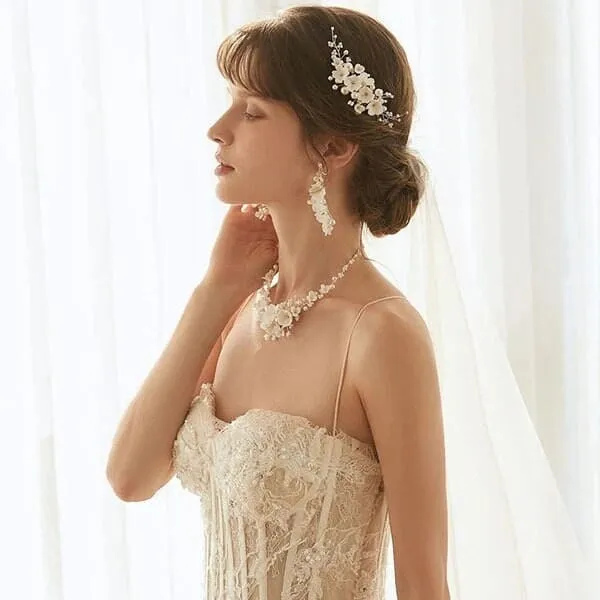 Bouquet Bridal Ceramic Floral Necklace Set, White Clay Flowers and Pearls Necklace and Earrings 3 Piece Set