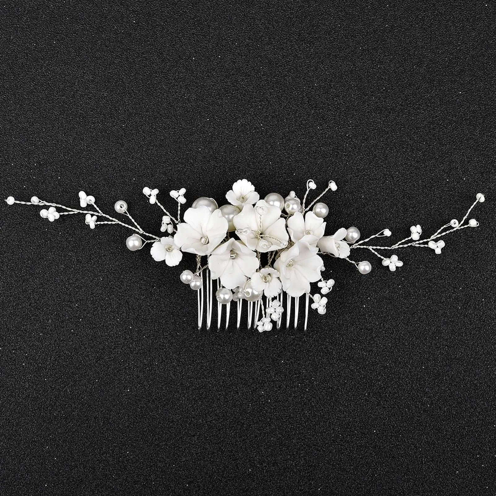 Bouquet Bridal Ceramic Floral Necklace Set, White Clay Flowers and Pearls Necklace and Earrings 3 Piece Set