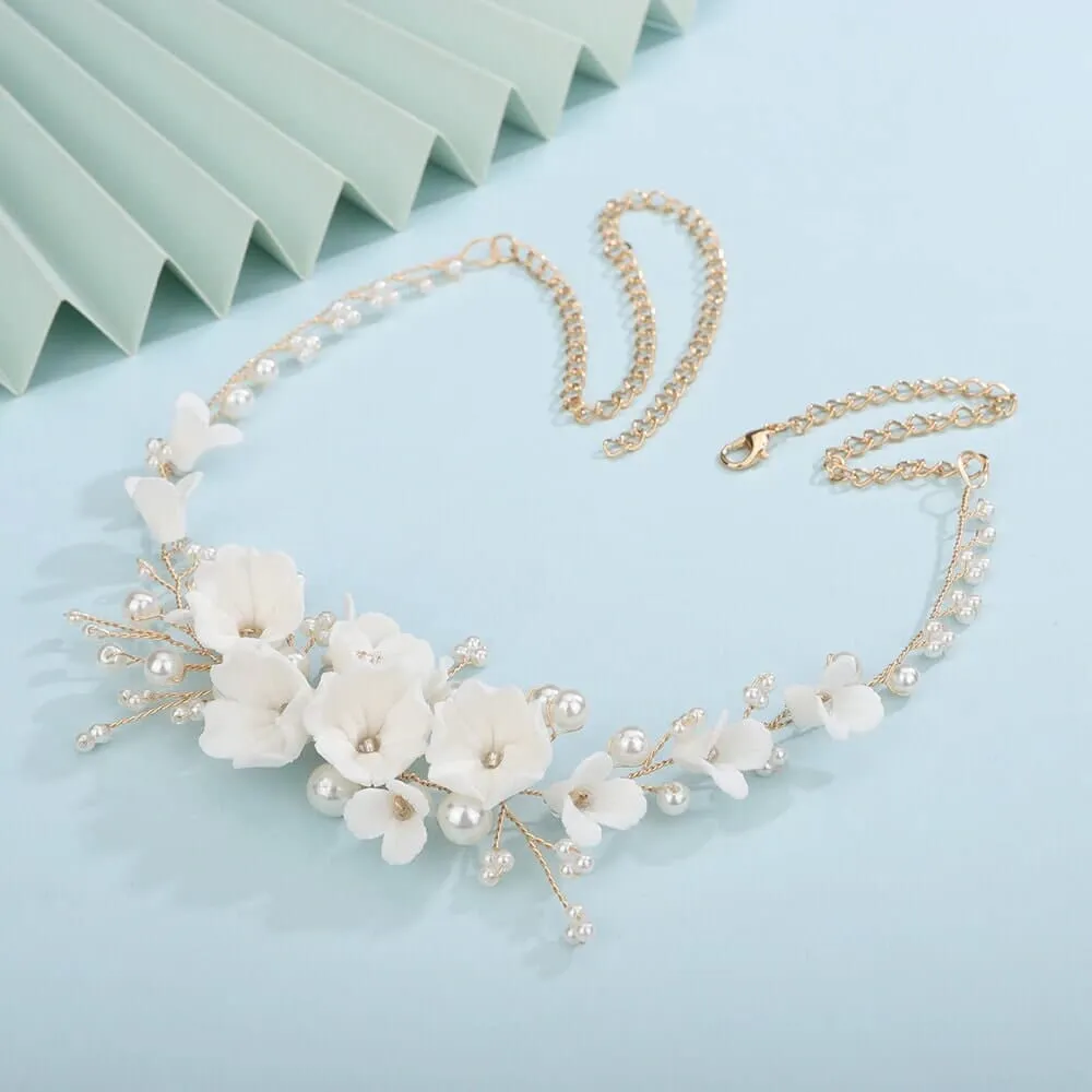 Bouquet Bridal Ceramic Floral Necklace Set, White Clay Flowers and Pearls Necklace and Earrings 3 Piece Set