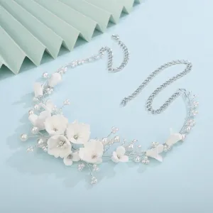 Bouquet Bridal Ceramic Floral Necklace Set, White Clay Flowers and Pearls Necklace and Earrings 3 Piece Set