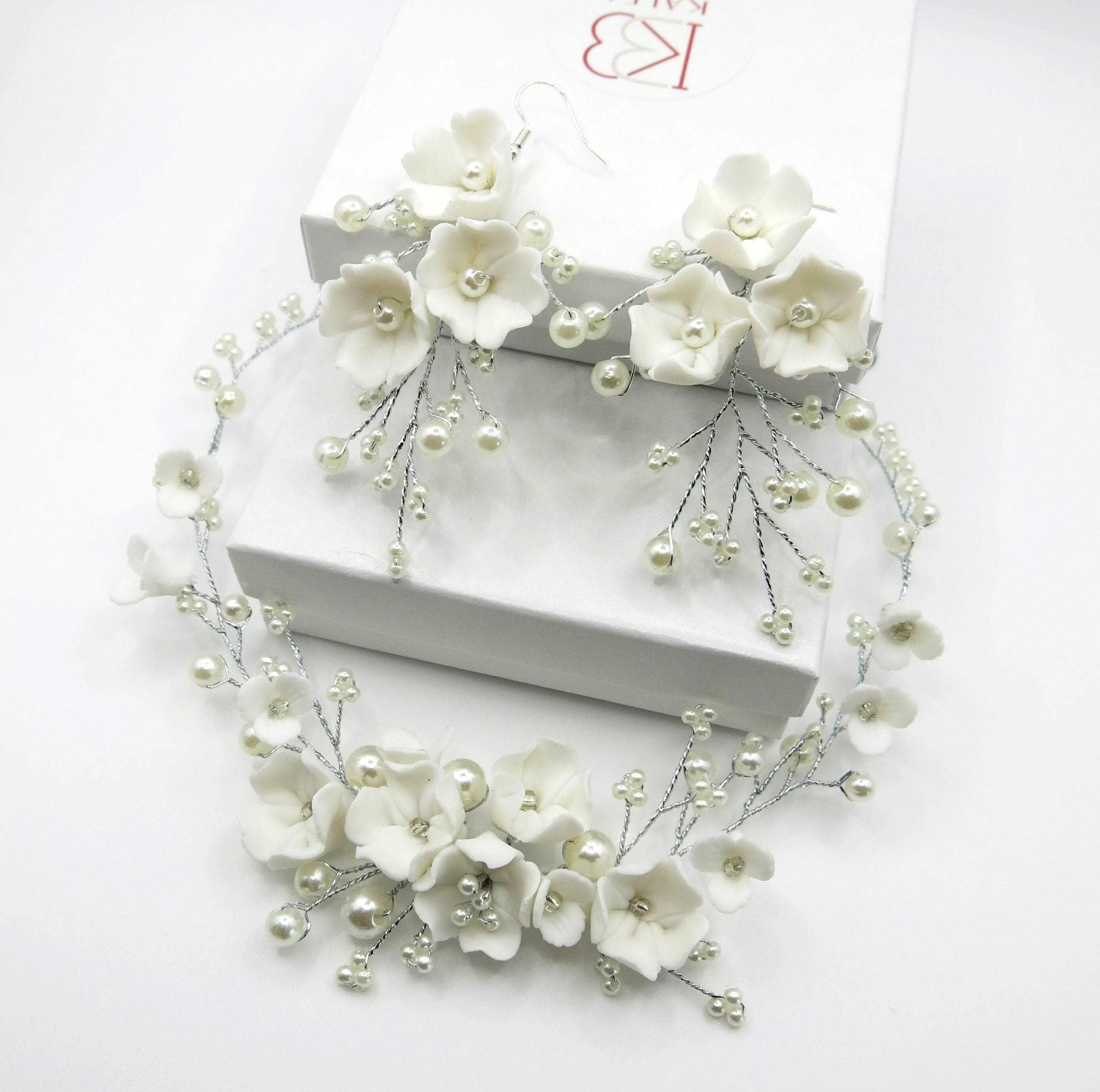 Bouquet Bridal Ceramic Floral Necklace Set, White Clay Flowers and Pearls Necklace and Earrings 3 Piece Set