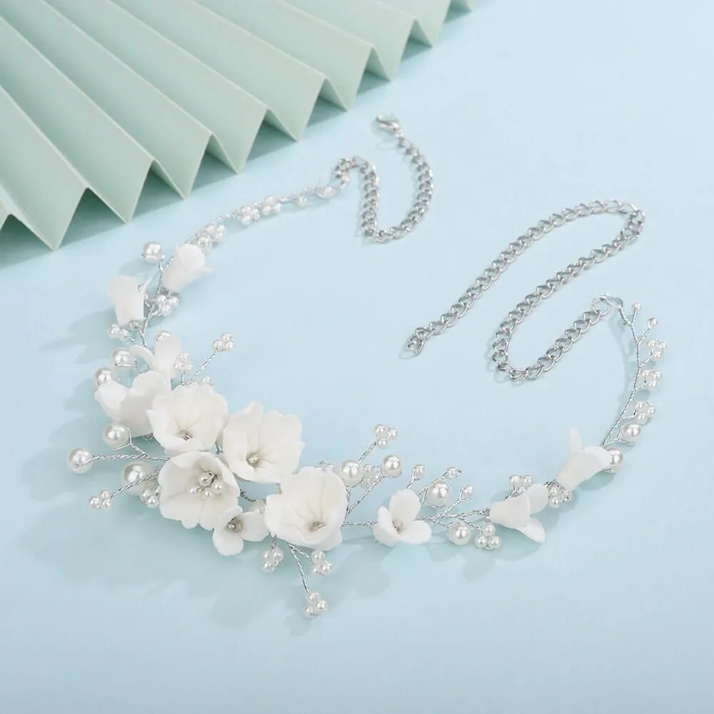 Bouquet Bridal Ceramic Floral Necklace Set, White Clay Flowers and Pearls Necklace and Earrings 3 Piece Set