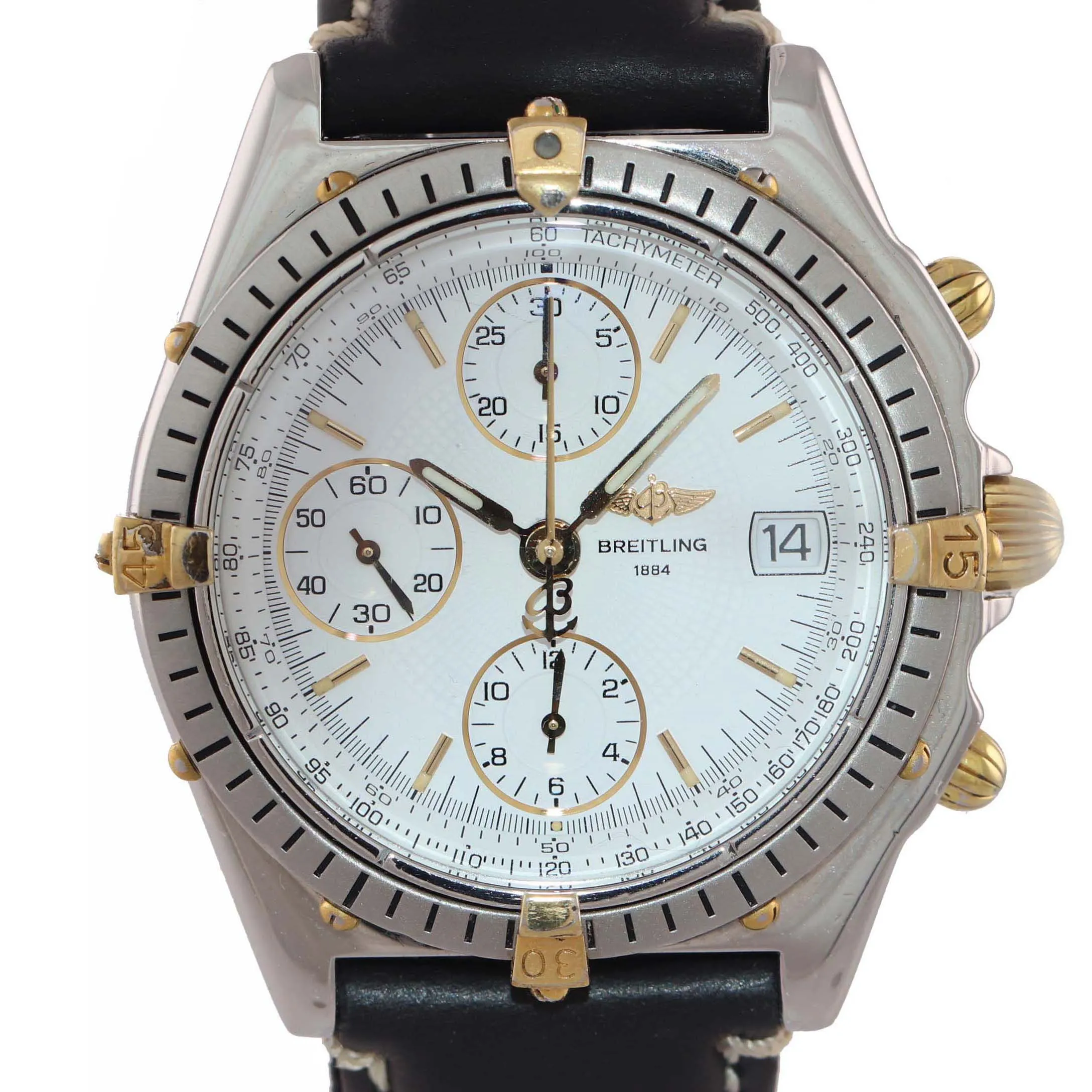 Breitling Chronomat Gold Steel 40mm Chronograph White Date Two Tone Watch B13050