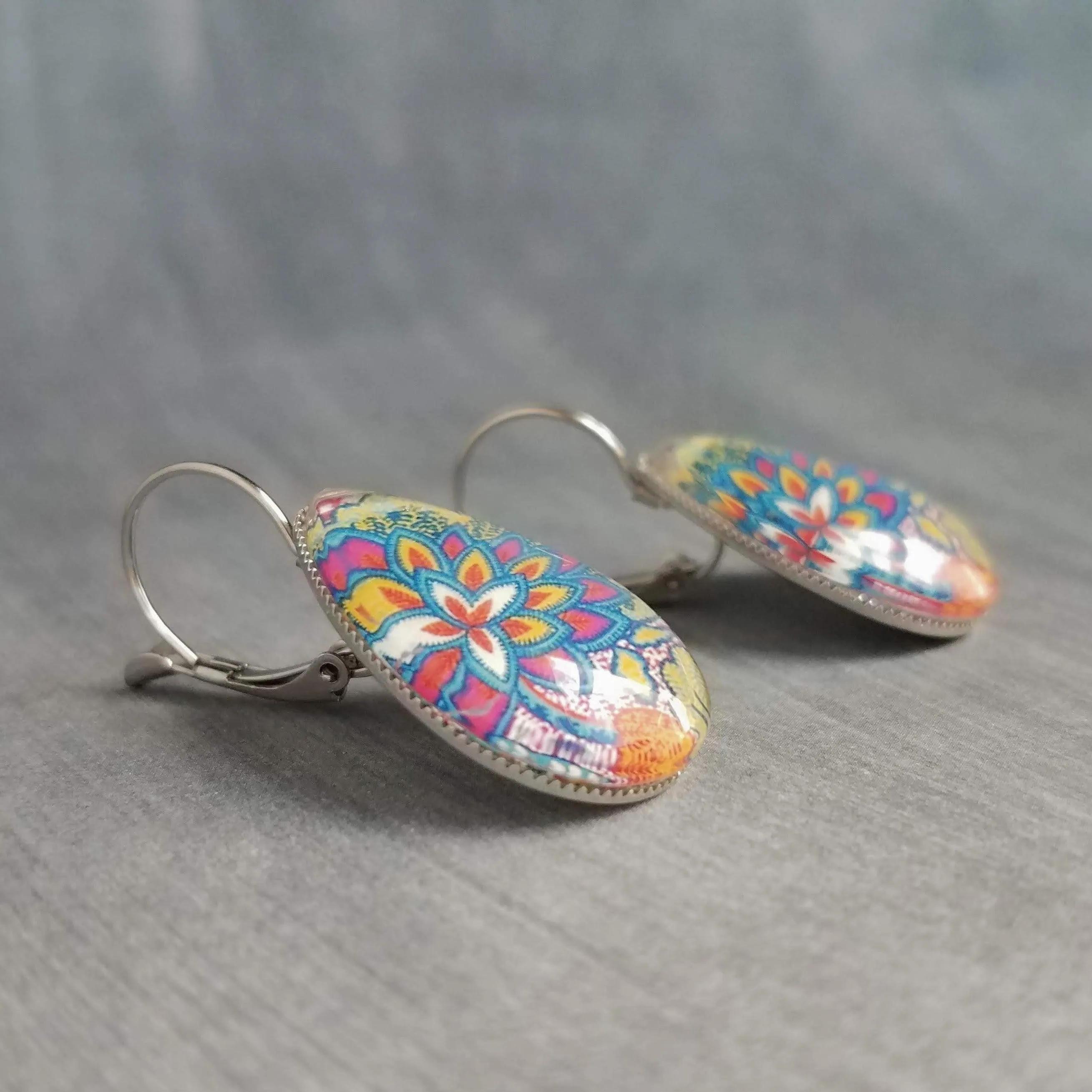 Bright Floral Earrings, stainless steel earring, hypoallergenic, large teardrop, pear shape, embroidery style, colorful, silver lever back