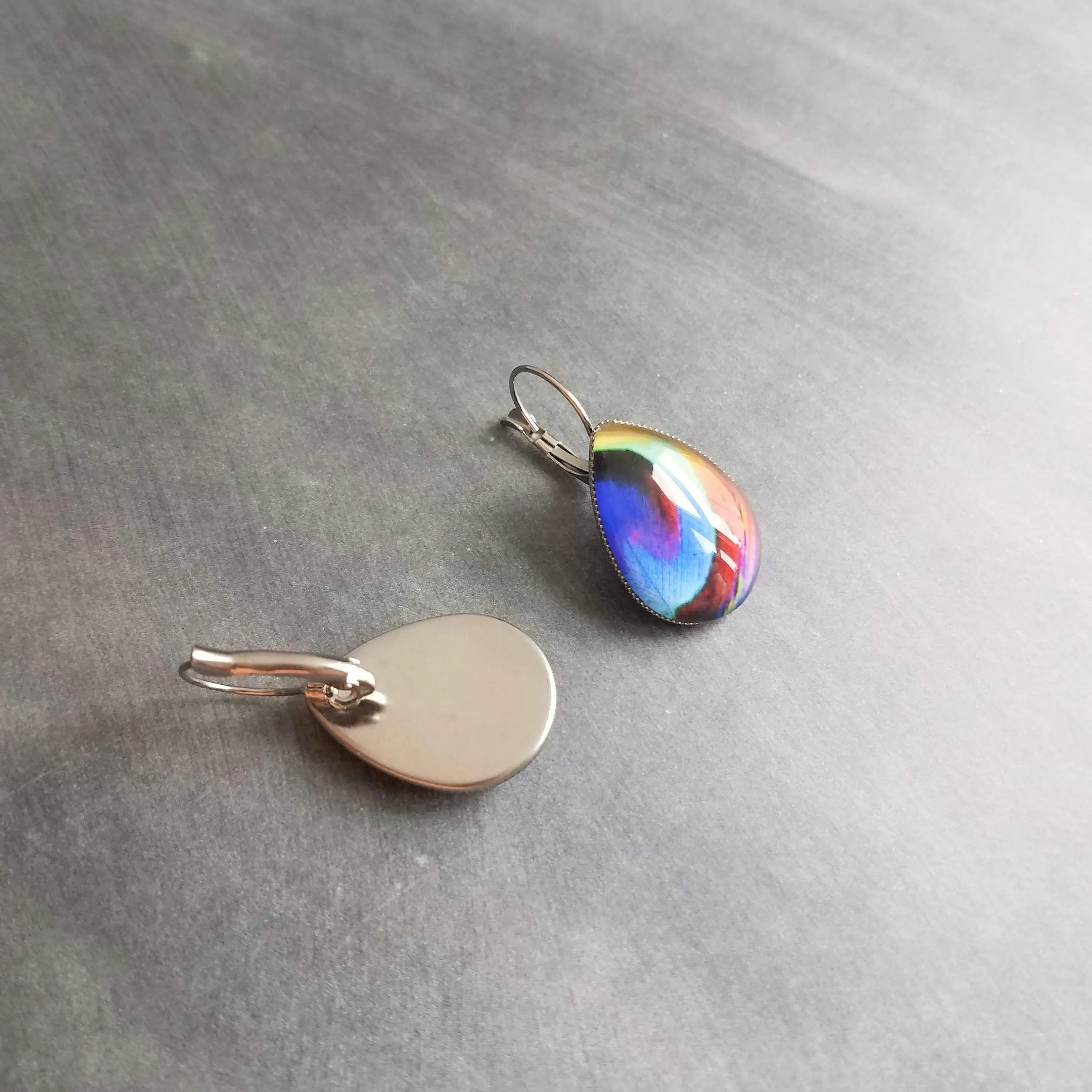 Bright Floral Earrings, stainless steel earring, hypoallergenic, large teardrop, pear shape, embroidery style, colorful, silver lever back