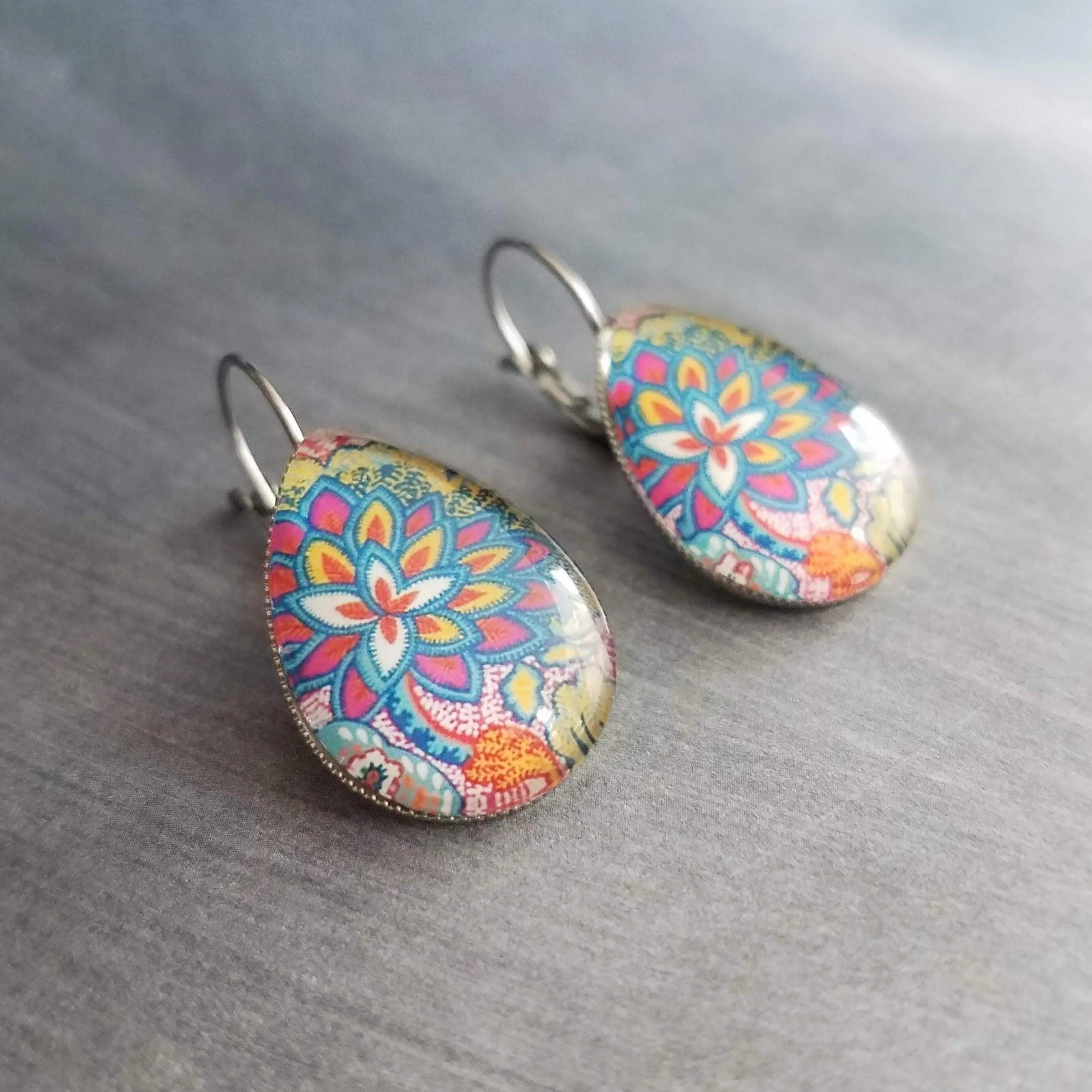 Bright Floral Earrings, stainless steel earring, hypoallergenic, large teardrop, pear shape, embroidery style, colorful, silver lever back