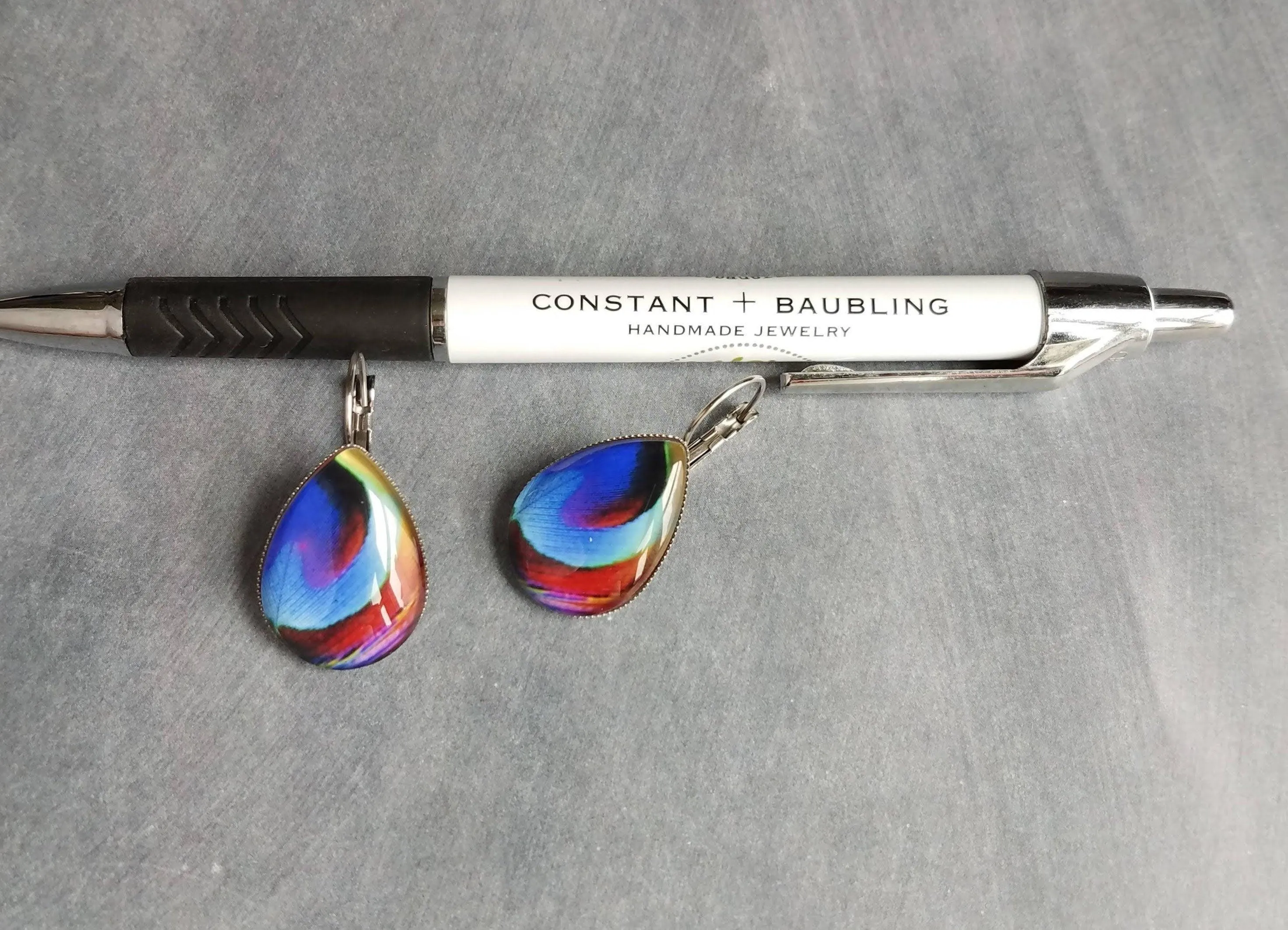 Bright Floral Earrings, stainless steel earring, hypoallergenic, large teardrop, pear shape, embroidery style, colorful, silver lever back