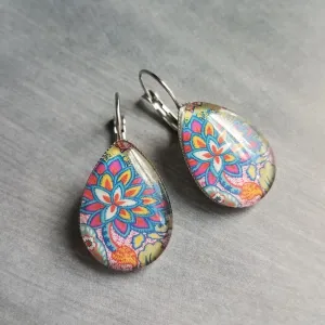 Bright Floral Earrings, stainless steel earring, hypoallergenic, large teardrop, pear shape, embroidery style, colorful, silver lever back