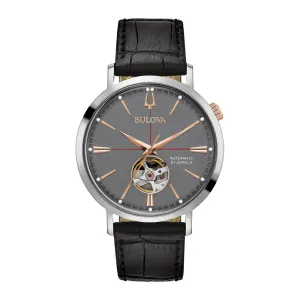 Bulova Aerojet Mens Automatic Stainless Steel Grey Dial Black Leather Strap Watch