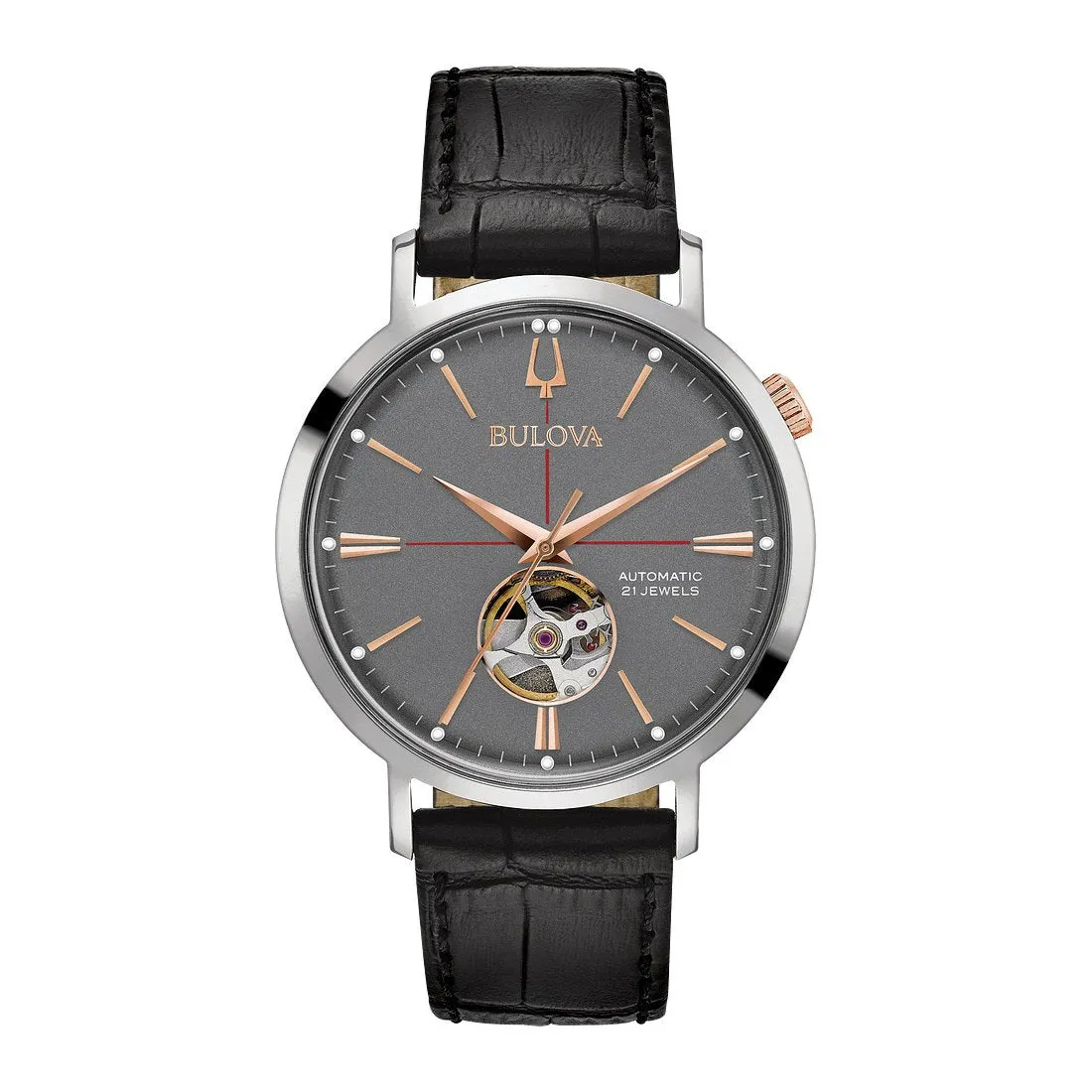 Bulova Aerojet Mens Automatic Stainless Steel Grey Dial Black Leather Strap Watch