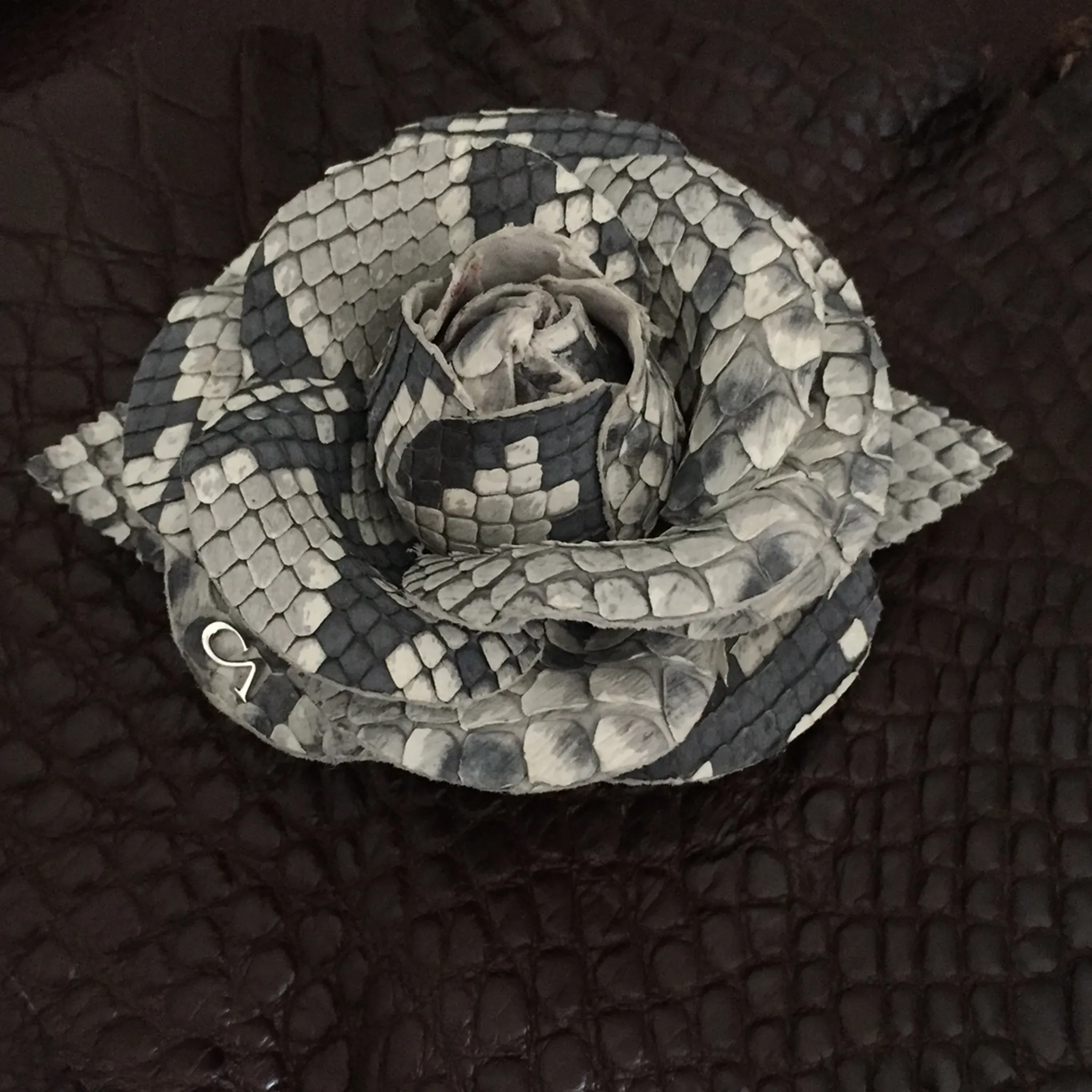 CA Natural Python Rose 4" x 4" Brooch with 18 Karat Gold Logo