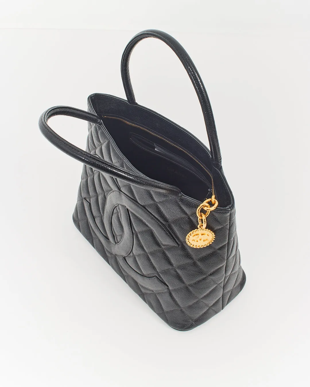 Chanel Black Caviar Leather Medallion Top Handle Bag