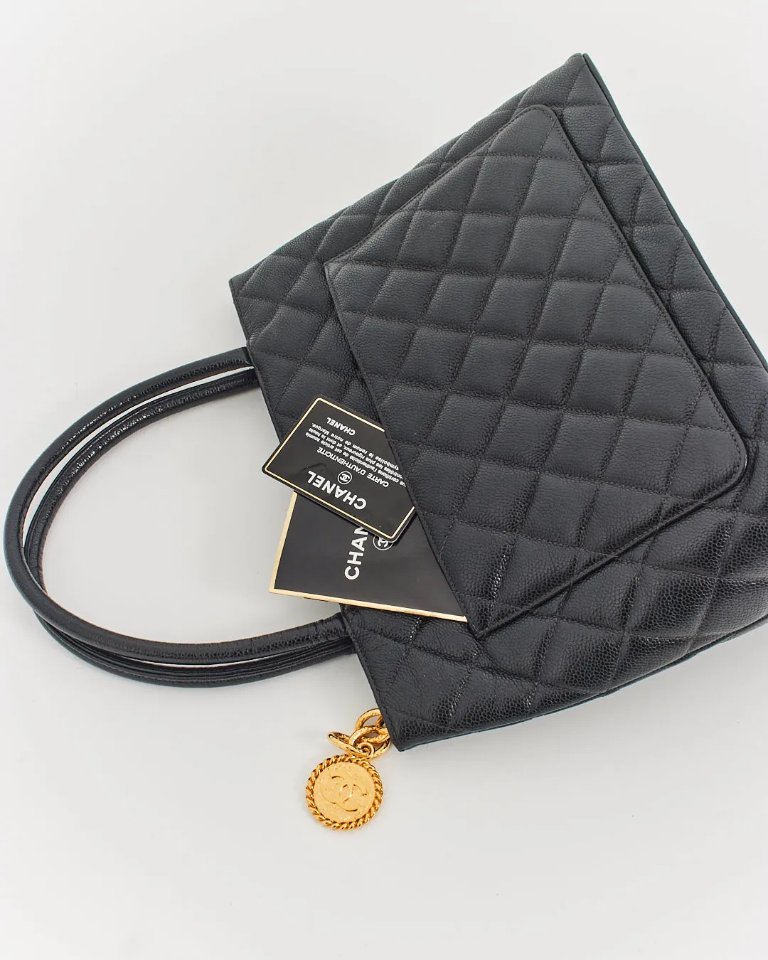 Chanel Black Caviar Leather Medallion Top Handle Bag