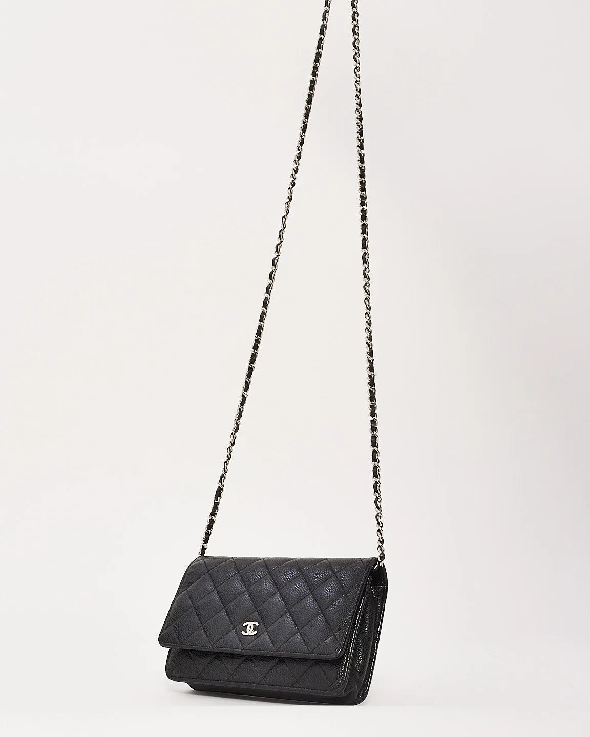 Chanel Black Caviar Leather Quilted Wallet On Chain SHW