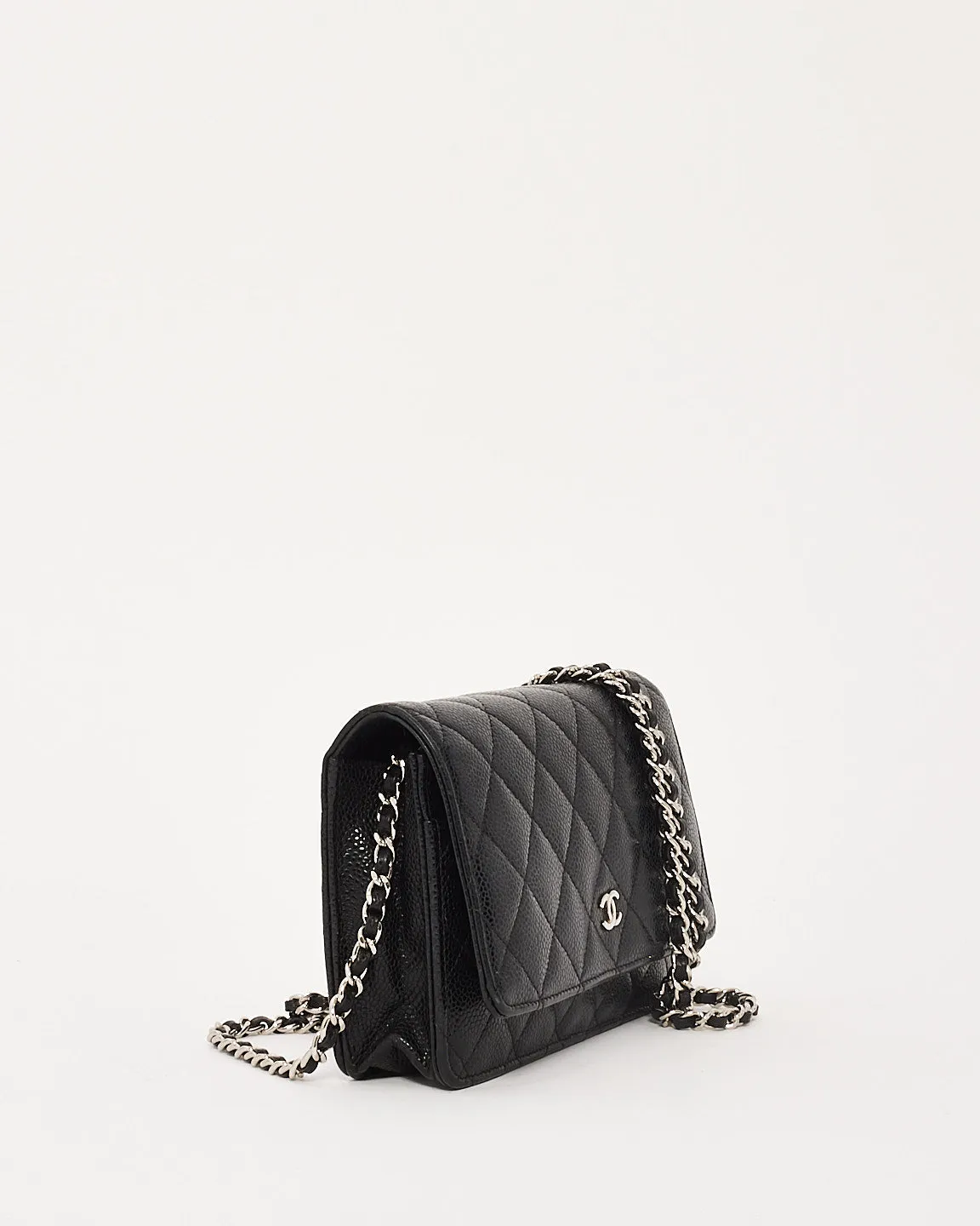 Chanel Black Caviar Leather Quilted Wallet On Chain SHW