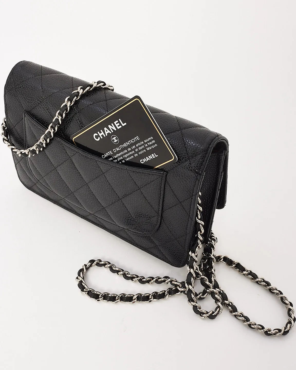 Chanel Black Caviar Leather Quilted Wallet On Chain SHW